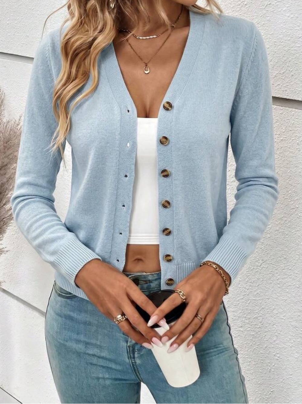 Light Blue Button-Front Women's Cardigan Sweater